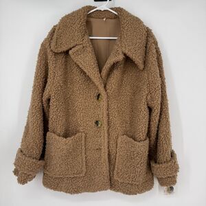 FREE PEOPLE Coat Jacket So Soft Cozy Camel Brown Teddy Sherpa Boho Softgirl Sz L